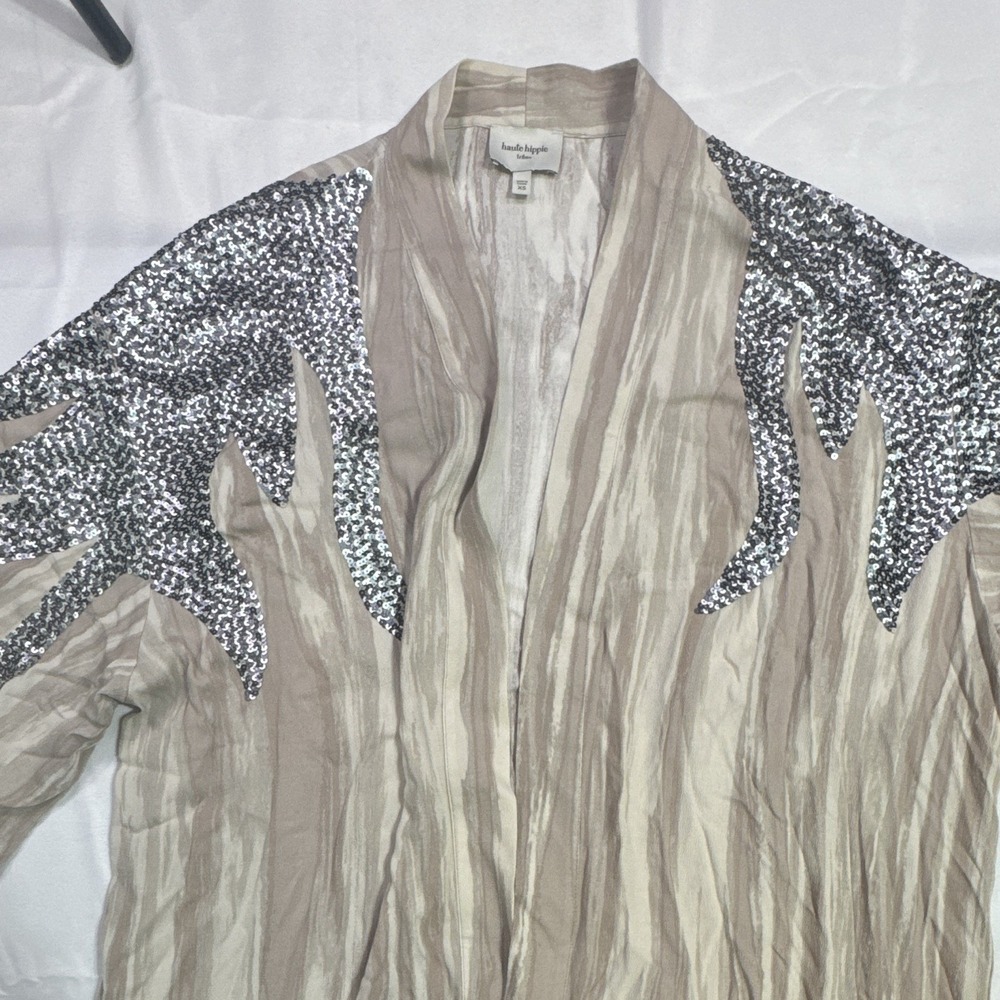 Haute Hippie Tribe Sequin Shoulder Open Front Duster Cardigan Taupe XS Boho - Picture 2 of 7